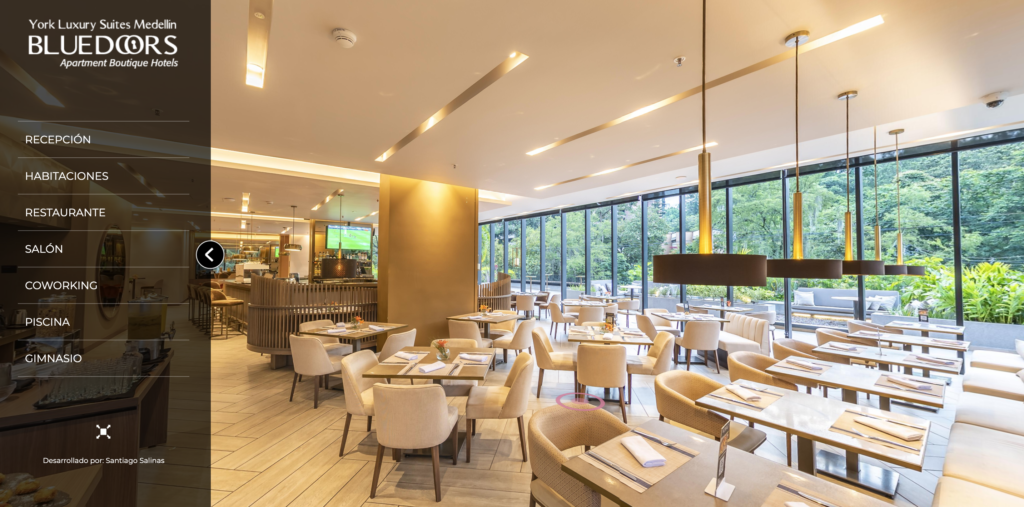 Tour virtual 360 del restaurante del Hotel York Luxury Suites, interfaz de escritorio brandeada al 100%