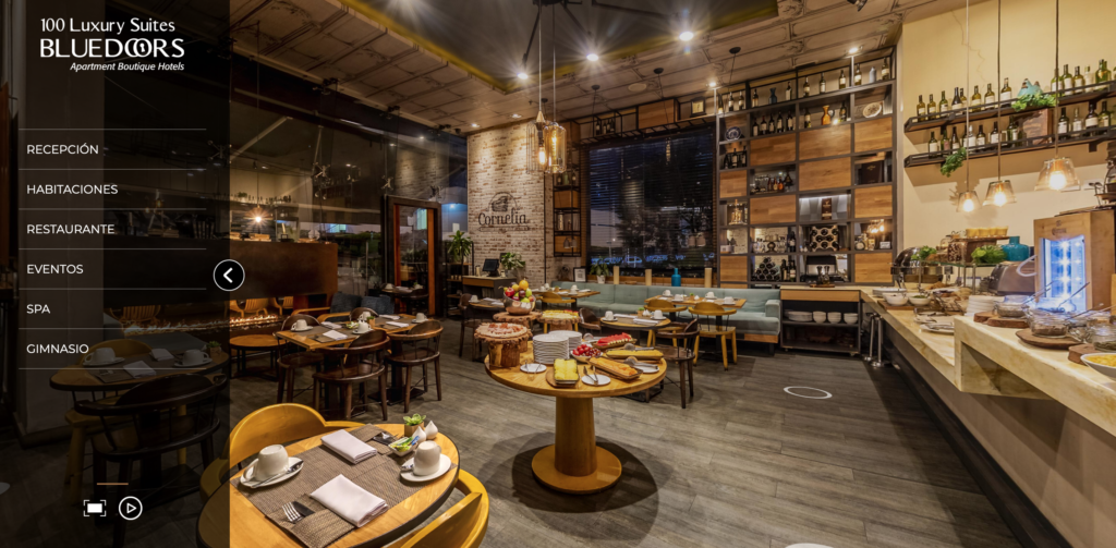 Tour virtual 360 del restaurante del Hotel 100 Luxury Suites, interfaz de escritorio brandeada al 100%